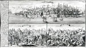 XJF265873 The city of Lisbon before, during and after the Earthquake of 1755 (engraving) (b/w photo)  by German School, (18th century); Private Collection; (add. info.: earthquake took place on 1st November 1755); German, out of copyright