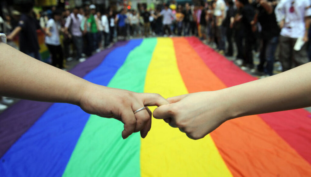 Gay and lesbian activists form a human c