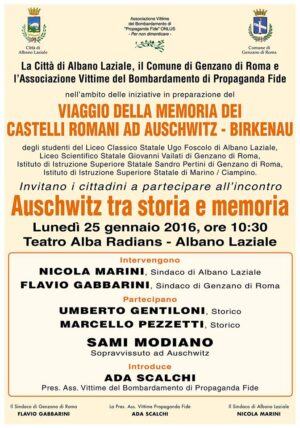 Albano, il 25 gennaio promossa l’iniziativa Auschwitz tra storia e memoria Albano, il 25 gennaio promossa l’iniziativa Auschwitz tra storia e memoria