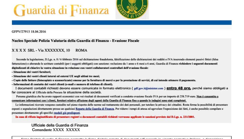 False email della Guardia di Finanza